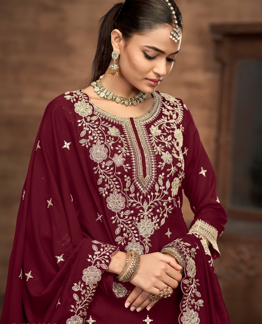 226-Maroon - Maroon Embroidered Traditional Sharara Style Suit.